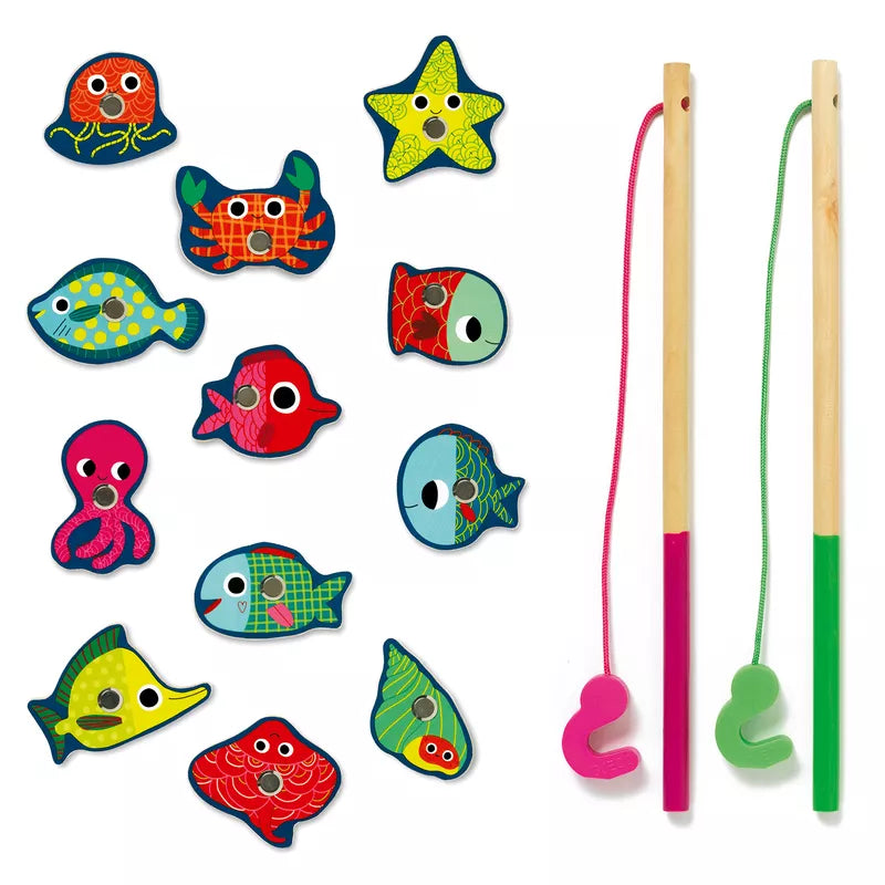 A group of Djeco Magnetic Fishing Game fish of different colors on a white background.