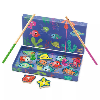 A Djeco Magnetic Fishing Game box with colorful fish on it.