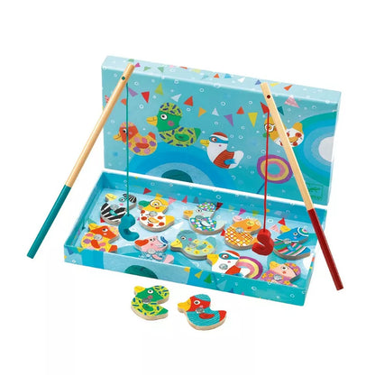 A Djeco Magnetic Fishing Ducks game with fish and other items.