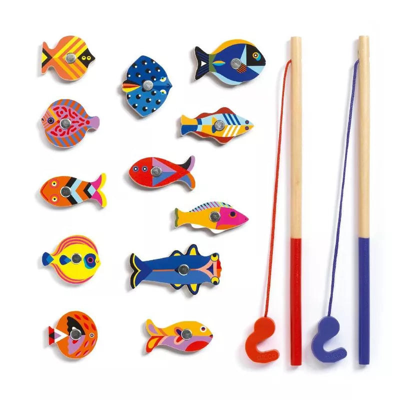 A Djeco Magnetic Fishing Game Graphic set of fish and chopsticks on a white surface.