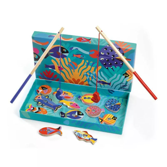 A Djeco Magnetic Fishing Game Graphic box with fish and a pair of chopsticks in it.