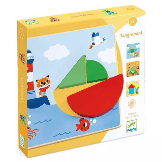 A Djeco Tangramini box with a picture of a boat on it.