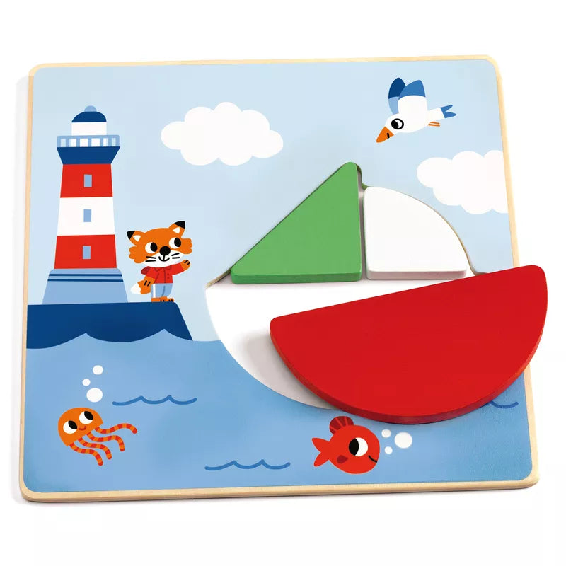 A Djeco Tangramini wooden puzzle with a boat and a lighthouse.