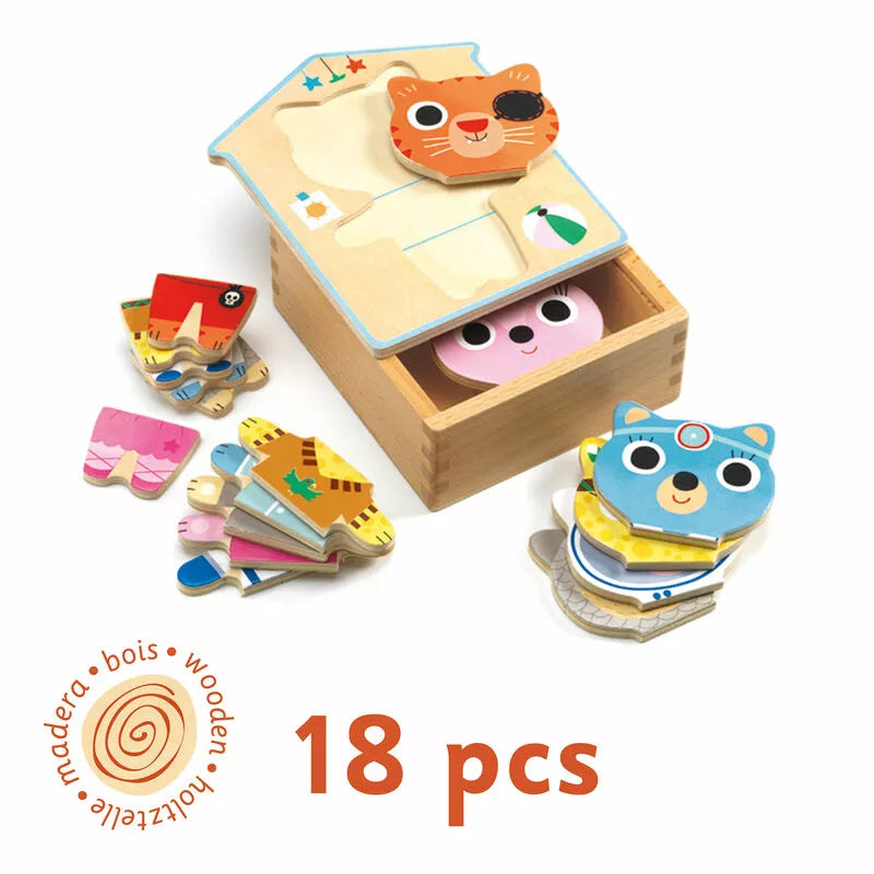 A box of Djeco Dressup-mix Wooden puzzles sitting on top of a table.