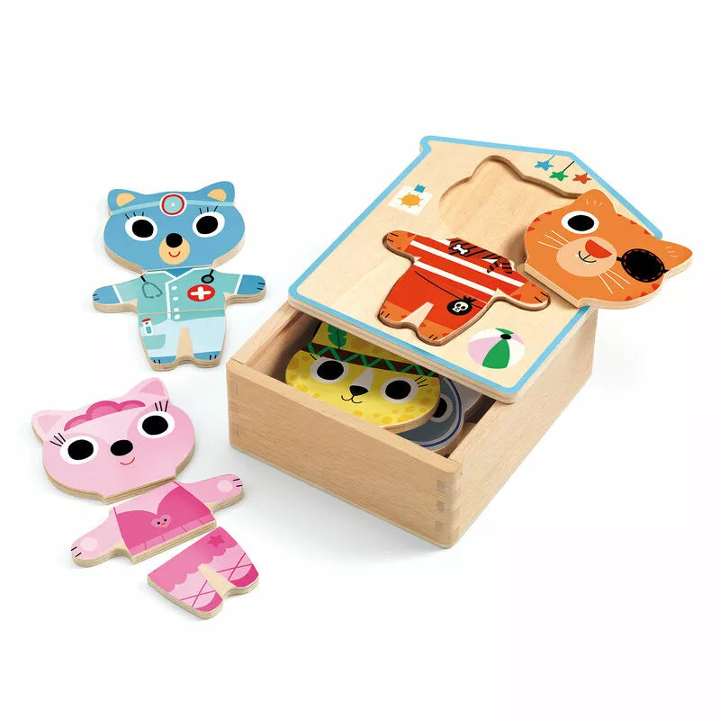 A Djeco Dressup-mix Wooden puzzles set with a bear and a bear in a box.