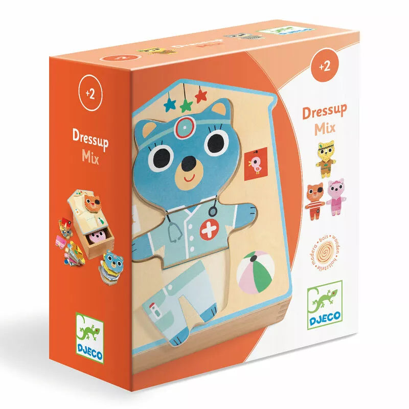 A box with a picture of Djeco Dressup-mix Wooden puzzles in it.