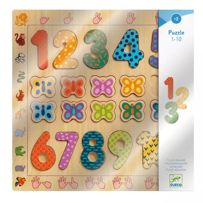 A Djeco 1 to 10 Wooden Puzzle with numbers and numbers on it.