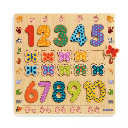 A Djeco 1 to 10 Wooden Puzzle with numbers and numbers on it.