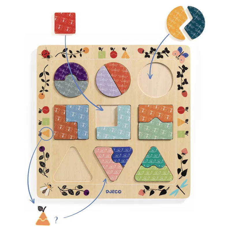 A Djeco Ludigraphic Puzzle with different shapes and numbers.