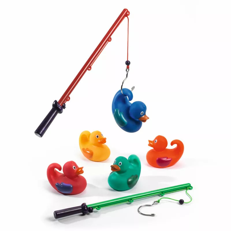 A group of Djeco Rainbow Fishing Ducks hanging from a fishing rod.