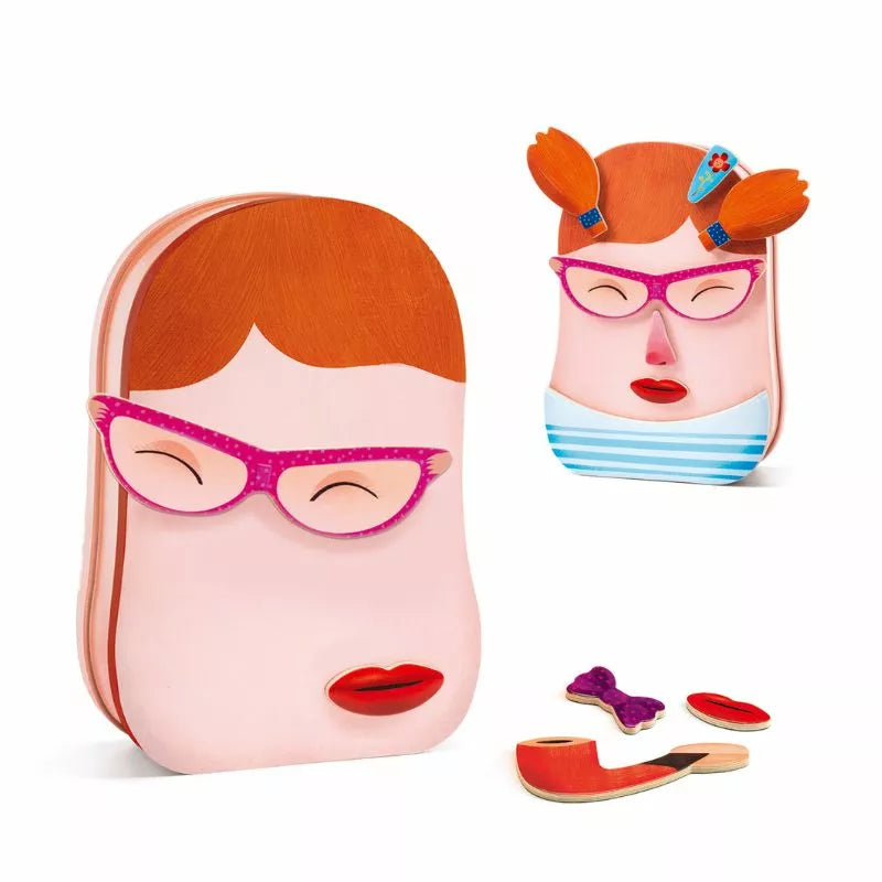 A Djeco Educational Portraito purse with a woman's face wearing glasses.