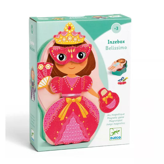 A Djeco Wooden Magnetic Inzebox Belissimo box with a picture of a girl in a pink dress.