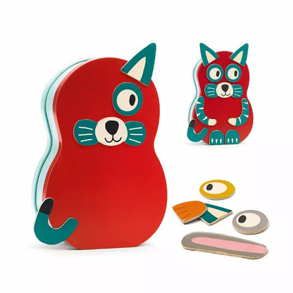 A Djeco wooden toy with a cat and a cat on it.