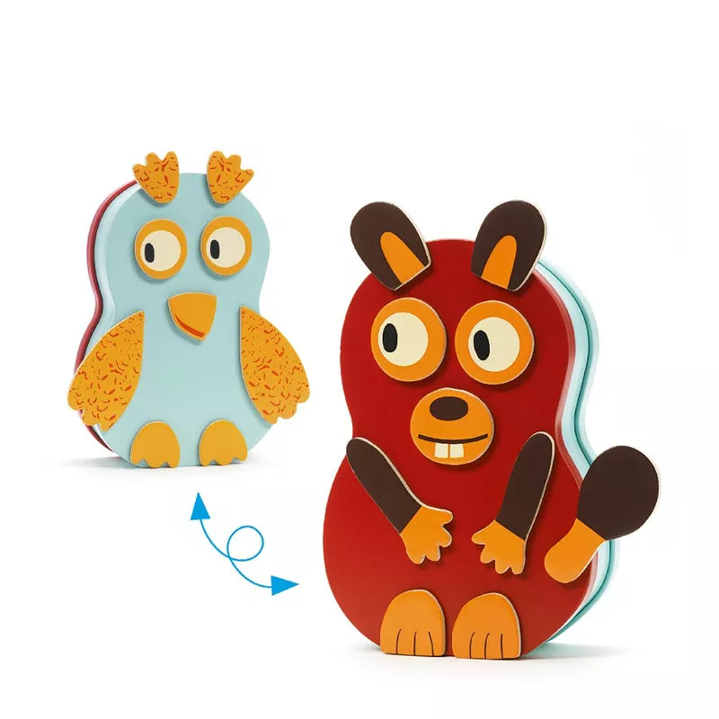 An Djeco Wooden Magnetic Inzebox Animo owl and an Djeco owl shaped magnet sitting next to each other.