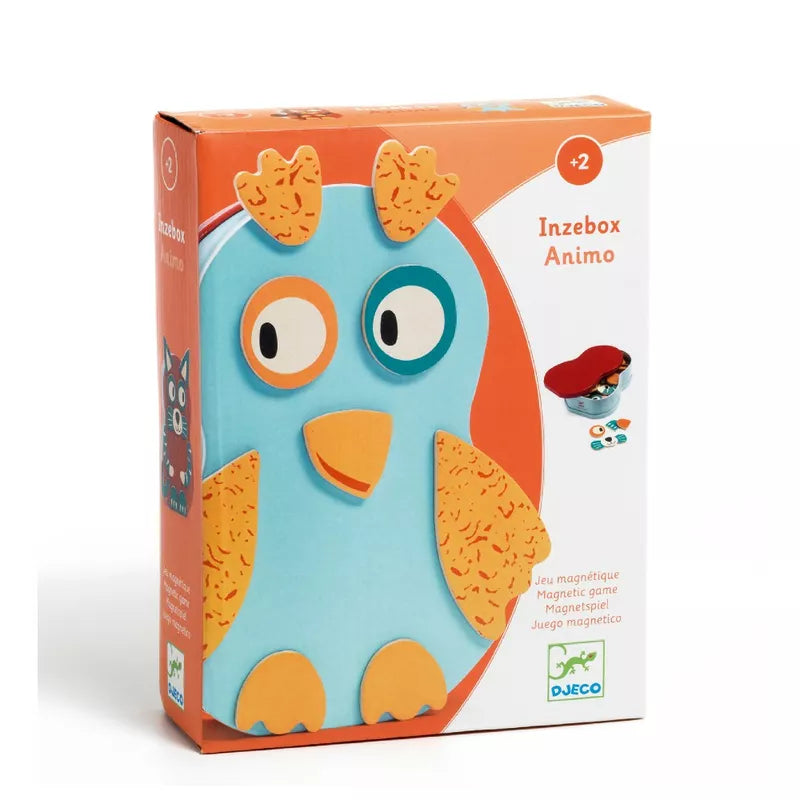 A Djeco Wooden Magnetic Inzebox Animo with a blue and orange bird on it.