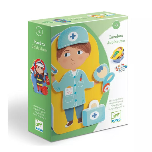 A Djeco Wooden Magnetic Inzebox Jobissimo with a picture of a boy in a blue uniform.