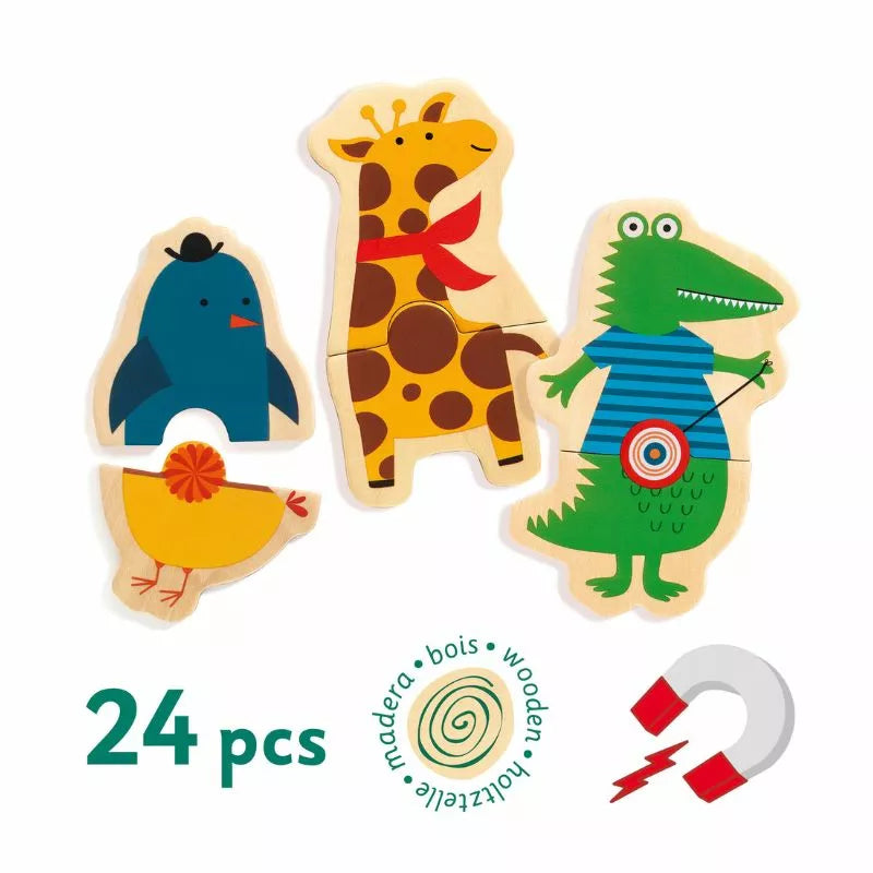 A set of four Djeco Magnetics Belty with different animals on them.