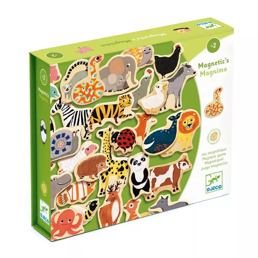A Djeco puzzle box with a variety of animals on it.