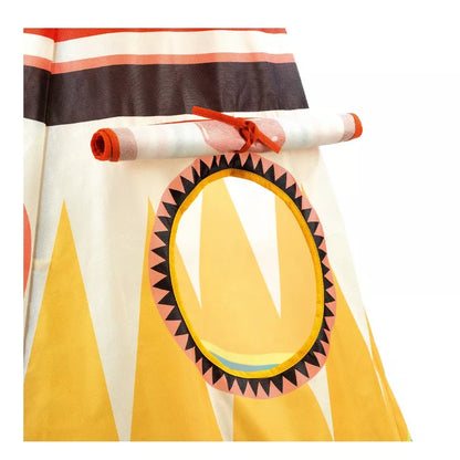 A colorful Djeco Teepee tent with a round mirror on it.