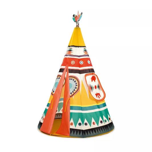 A colorful Djeco Teepee with a bird on top of it.