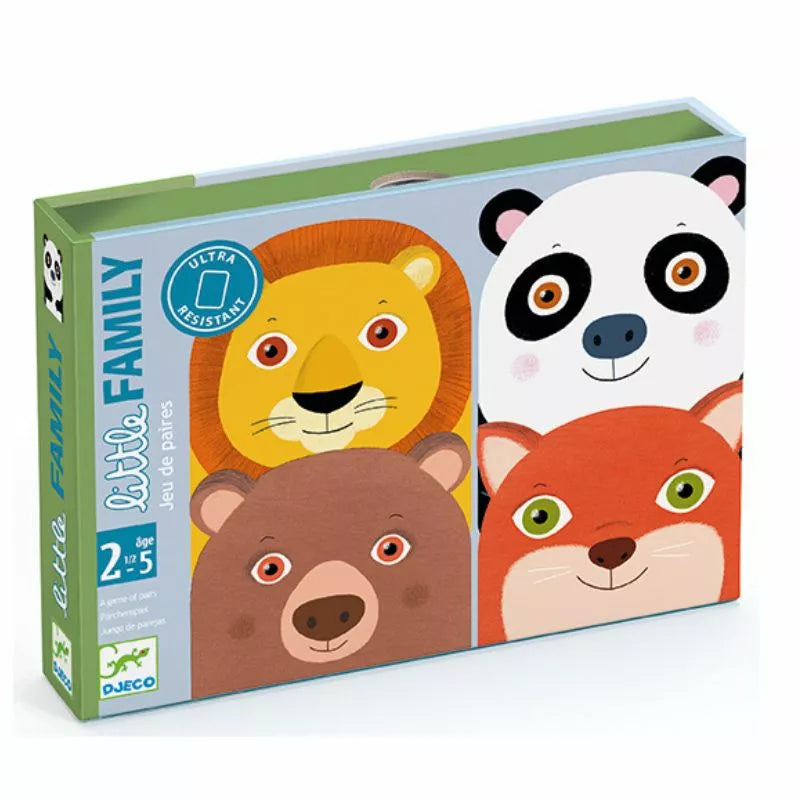 A Djeco Toddler Cards Game Little Family box with three different animals on it.