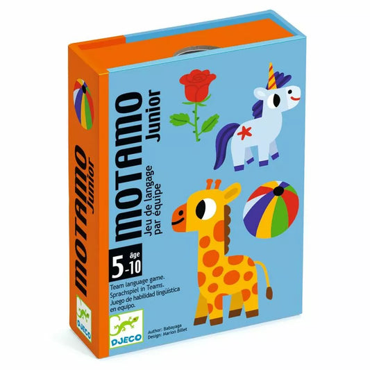 A box of Djeco Playing Cards MotaMo Junior with a picture of a giraffe and a ball.