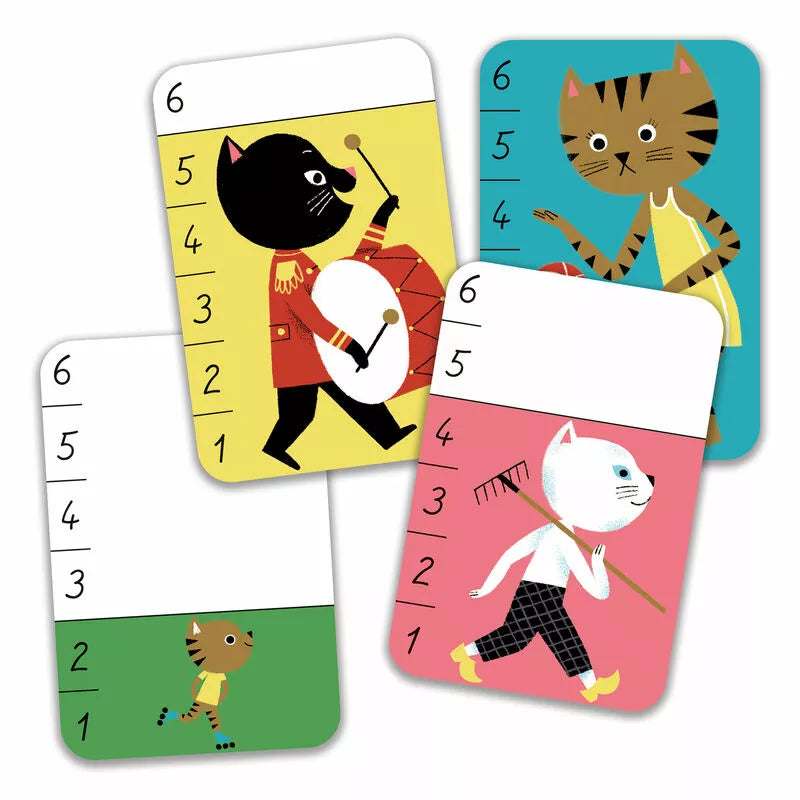 Three Djeco Playing Cards Bata Miaou with pictures of cats and cats on them.