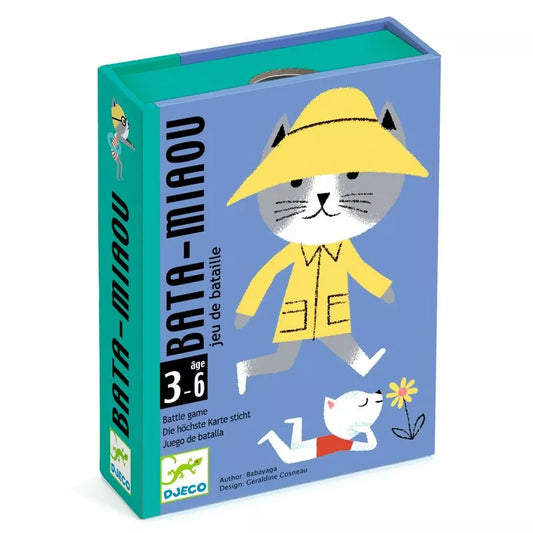 A Djeco Playing Cards Bata Miaou with a picture of a cat in a yellow raincoat.