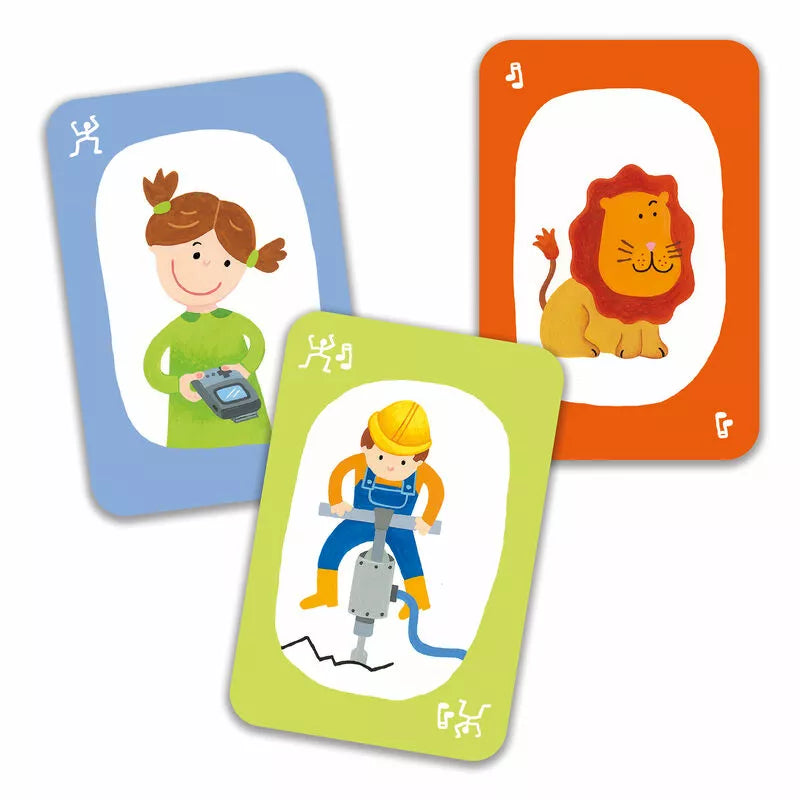 Three Djeco Pouet pouet children's playing cards with pictures of animals and people.