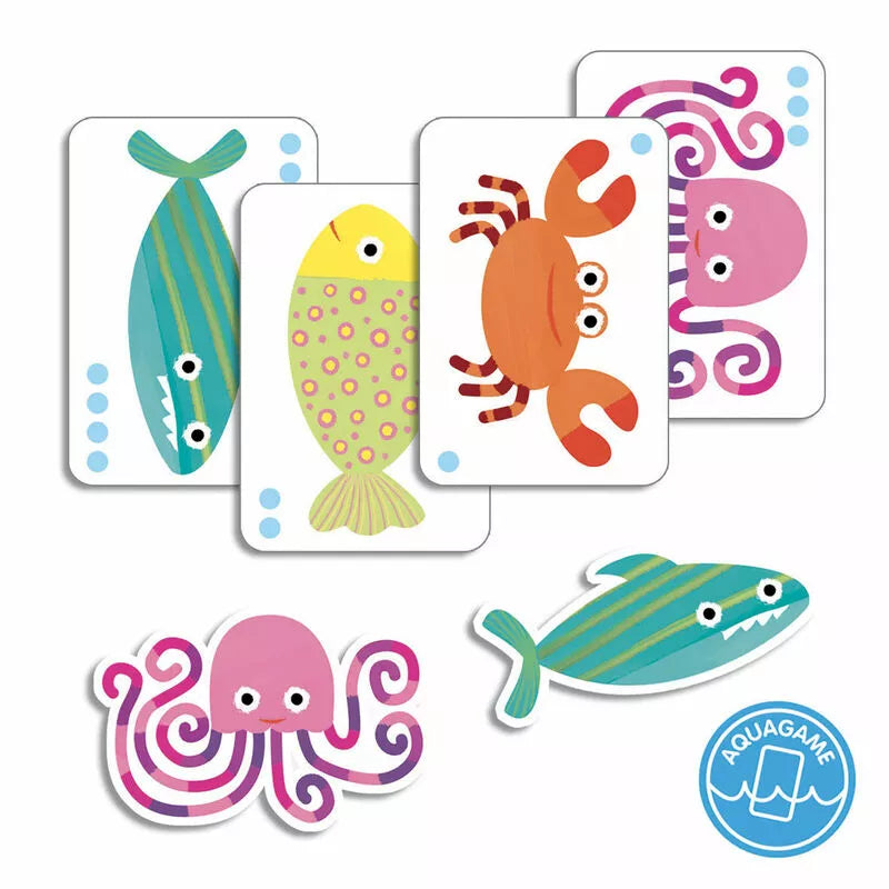 A set of four Djeco Playing Cards Bataplouf with different sea animals on them.