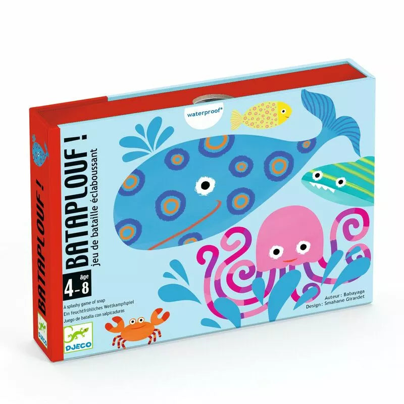 A blue box of Djeco Playing Cards Bataplouf with a picture of a fish and an octopus on it.
