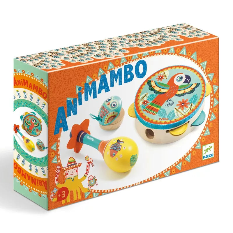 A box with Djeco Animambo 3 Musical Instruments in it.