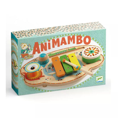 A box of Djeco Animambo Musical Carnival wooden toys.