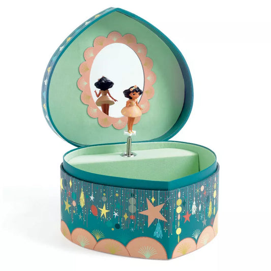 A Djeco Musical Box Happy party with a mirror inside of it.
