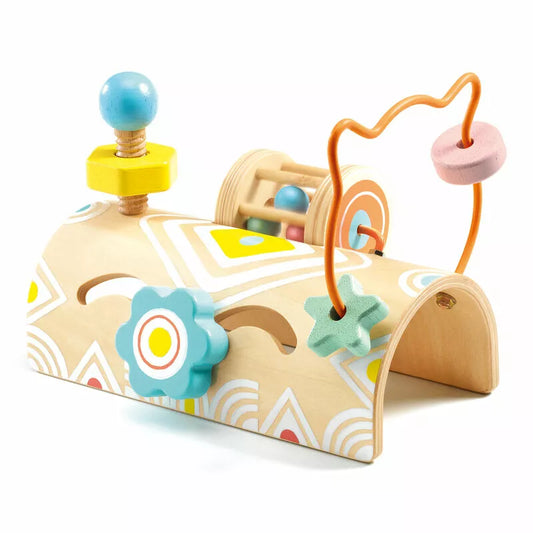 A Djeco BabiTabli wooden toy car with a wooden handle.