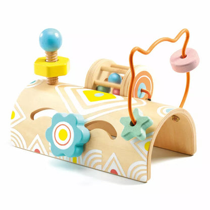 A Djeco BabiTabli wooden toy car with a wooden handle.