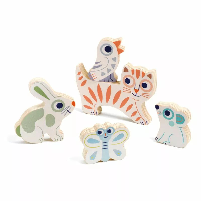 A group of Djeco BabyAnimali wooden animals sitting next to each other.
