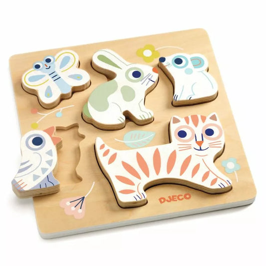 A close up of a Djeco BabyAnimali wooden puzzle with animals.