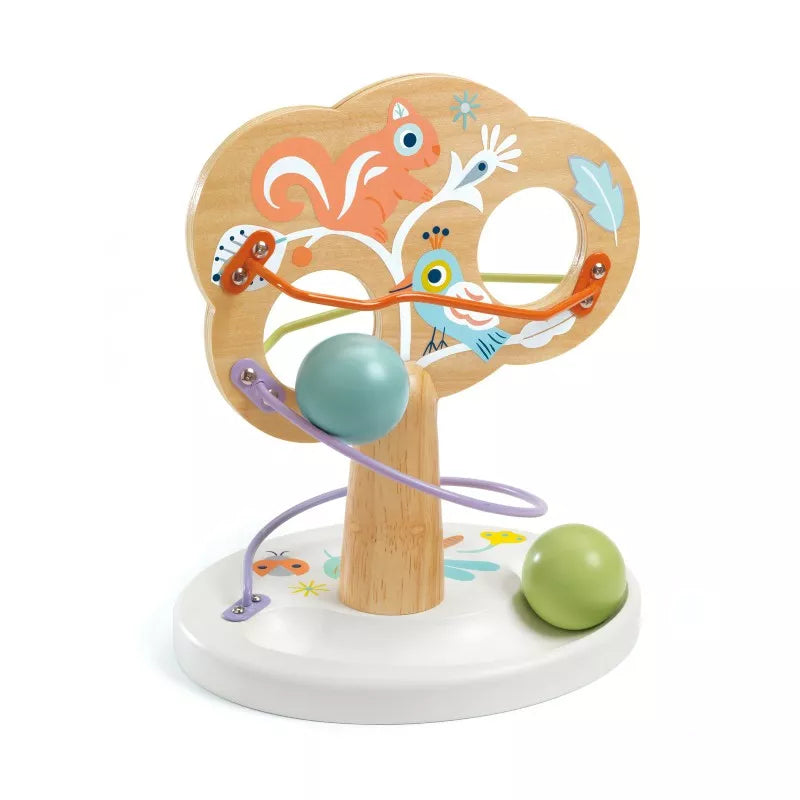 A Djeco BabyTree Sliding Toy with a ball in it.
