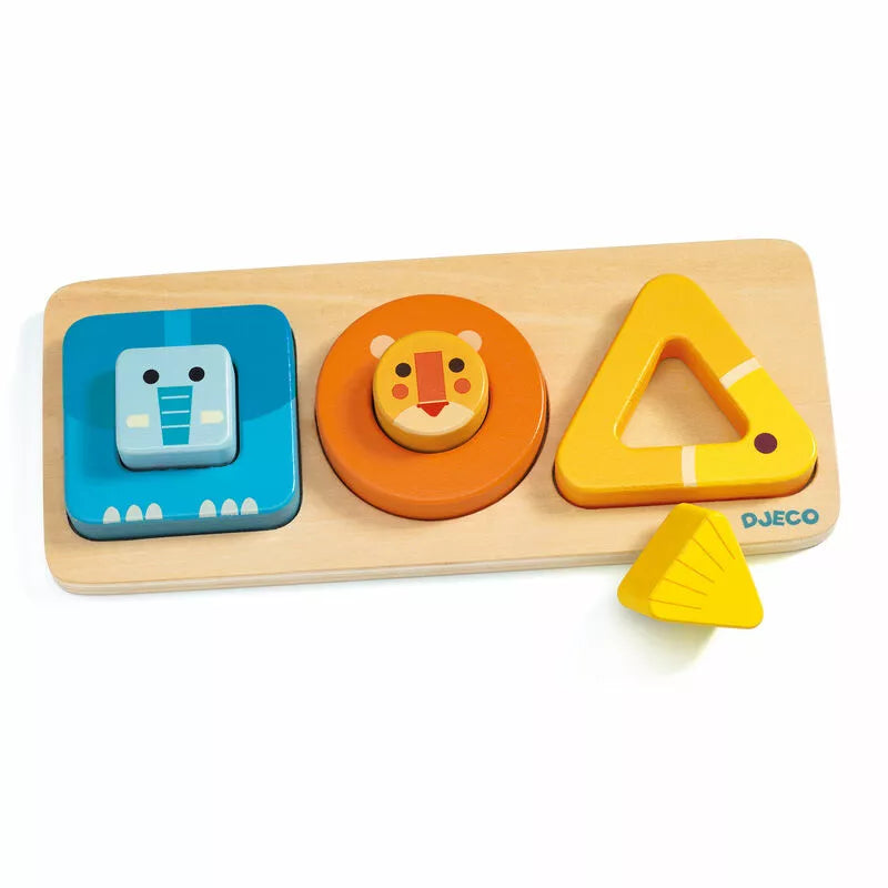 A wooden Djeco VoluBasic 1st Puzzle with animals and shapes on it.