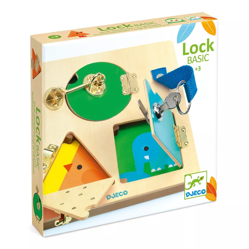 A Djeco Lockbasic Skill Game wooden puzzle box with a lock on it.