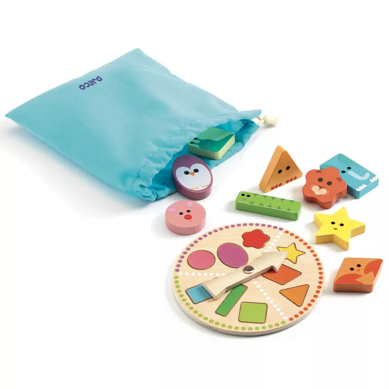 A Djeco TactiloBasic Tactile Game and a bag of other toys.