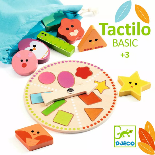 A Djeco TactiloBasic Tactile Game and other Djeco wooden toys.