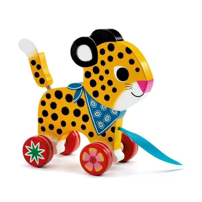 A Djeco Greta Pull along Toy of a cheetah on a white background.