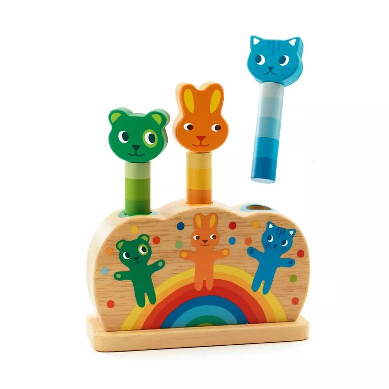 A Djeco Pipop Pidoo Pop up Toy with three cats and a rainbow.