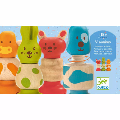 A group of Djeco Vis-Animo wooden toys sitting next to each other.