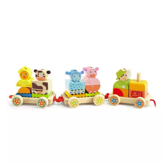 A Djeco Pull along Activity Train Creaferme with animals riding on it.