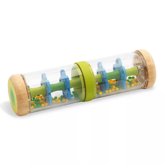 A Djeco Piti Rain Green glass tube filled with lots of colorful beads.