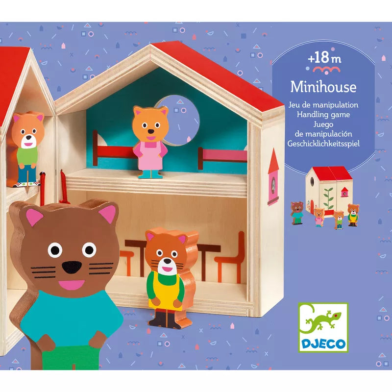 A picture of a Djeco Minihouse wooden doll house with animals.