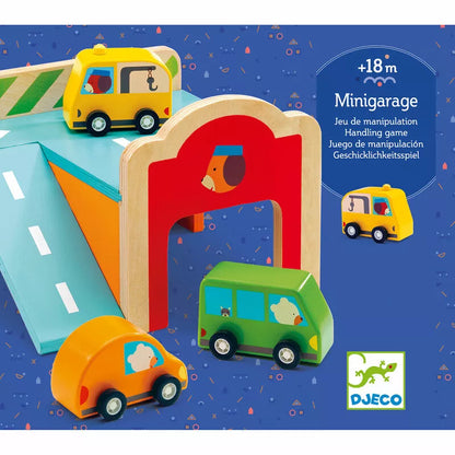 A Djeco Minigarage wooden toy set with cars and a ramp.